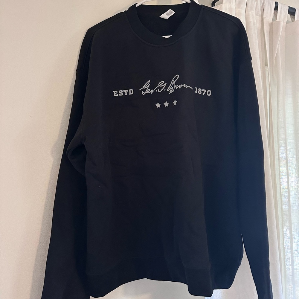 TWO. One Black Crewneck Sweater. One navy Christmas crewneck. Old forester. Lg.